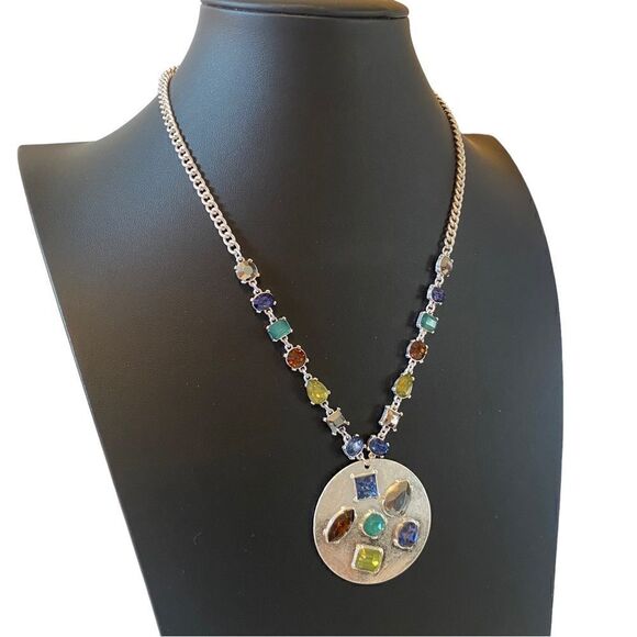 Silver Tone Multi Colored Faux Gemstone Pendant Necklace. - Picture 2 of 5